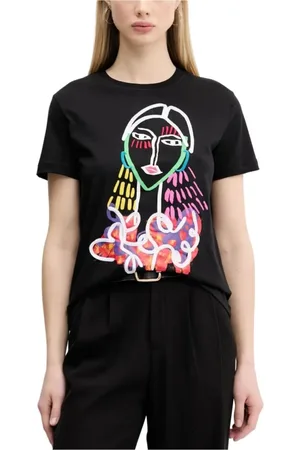 Desigual Tops, Dames, Zwart, S, Katoen, Zwart Bedrukt T-shirt