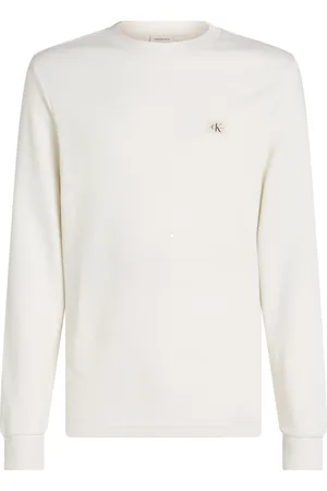 Calvin Klein Tops, Heren, Wit, S, Katoen, Witte Katoenen T-shirt Regular Fit Lange Mouw