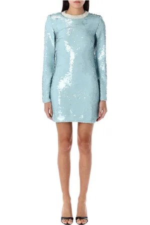 Self-Portrait Kleedjes, Dames, Blauw, XS, Pailletten, Blauwe Mini Paillettenjurk met Parel Details