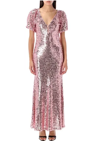 ROTATE Kleedjes, Dames, Roze, S, Pailletten, Pailletten Midi V-Hals Jurk Zilver Roze
