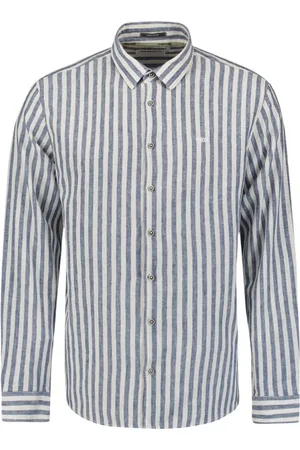 No Excess Overhemden, Heren, Blauw, XL, Linnen, Verticaal Gestreept Linnen Overhemd