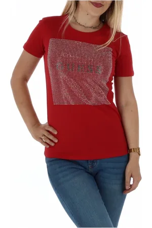 Guess Tops, Dames, Rood, M, Katoen, Rode katoenen T-shirt met ronde hals