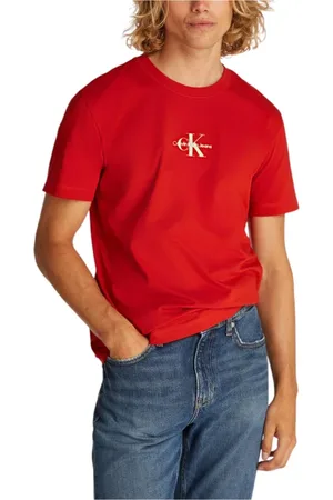 Calvin Klein Tops, Heren, Rood, XL, Katoen, Rode Katoenen Ronde Hals T-shirt
