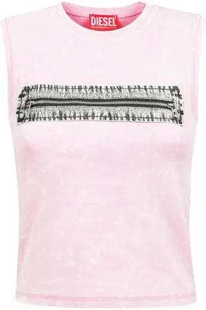 Diesel Tops, Dames, Roze, L, Denim, Geknipte Mouwloze Top met Denim Detail