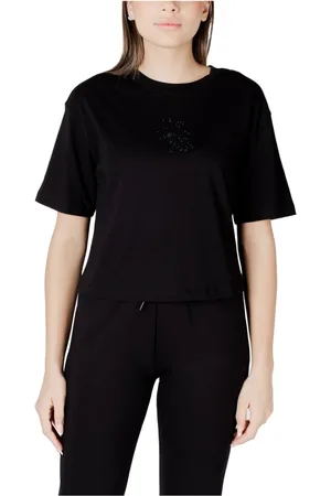 Armani Exchange Tops, Dames, Zwart, L, Katoen, Zwarte Katoenen T-Shirt, Ronde Hals, Korte Mouw
