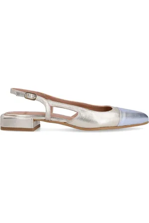 Manfield Schoenen, Dames, Geel, 40 EU, Gouden leren slingbacks met zilveren detail