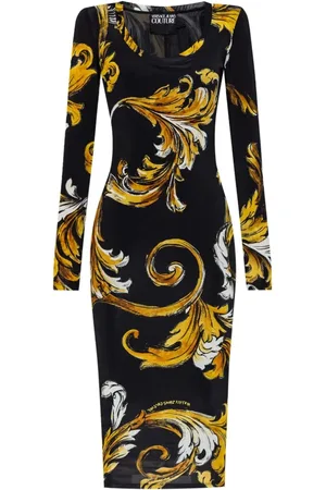 VERSACE Kleedjes, Dames, Veelkleurig, S, Zwarte Barocco Print Jurk