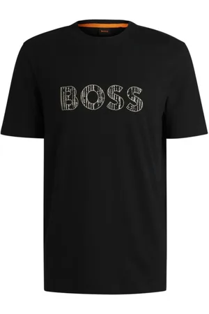 HUGO BOSS Tops, Heren, Zwart, XL, Katoen, Textuur Logo T-shirt Lente/Zomer Zwart Print