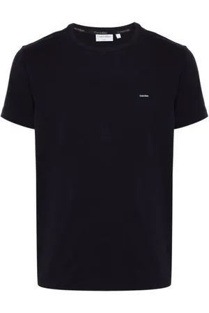 Calvin Klein Tops, Heren, Zwart, L, Katoen, Logo Plaque Blauw T-shirt
