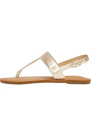 Tommy Hilfiger Schoenen, Dames, Geel, 36 EU, Leer, Metallic Leren Teenslipper