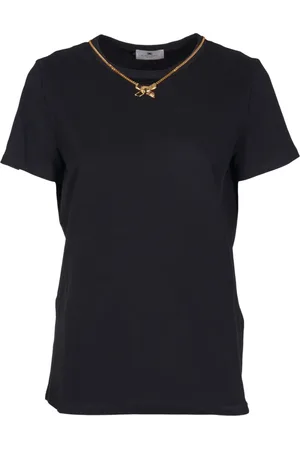 Elisabetta Franchi Tops, Dames, Zwart, S, Katoen, Zwarte Katoenen Jersey T-shirt met Korte Mouwen en Slim Fit