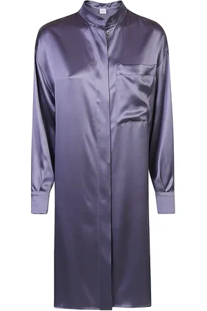 ELEVENTY Kleedjes, Dames, Blauw, L, Satijn, Zijden Lang Shirt met Koreaanse Kraag