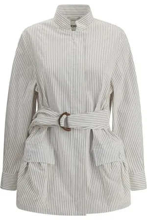 Fendi Jassen, Dames, Wit, M, Katoen, Gestreepte shirtjas met mandarijnkraag