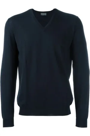 DRUMOHR Truien, Heren, Blauw, L, Wol, Navy V-Hals Wol Pullover Sweater