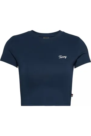Tommy Hilfiger Tops, Dames, Blauw, XS, Katoen, Donkerblauwe Crop T-shirt met Logo
