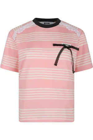 Msgm Tops, Dames, Roze, S, Katoen, Gestreept T-shirt met strikdetail