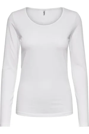 ONLY Tops, Dames, Wit, XL, Katoen, Slim Fit Ronde Hals Longsleeve Top