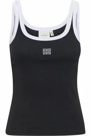 Gestuz Tops, Dames, Zwart, M, Katoen, Zwarte Contrast Logo Slim Fit Top