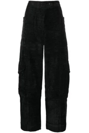 Ganni Broeken, Dames, Zwart, S, Katoen, Chenille Effect Tapered Zwarte Broek