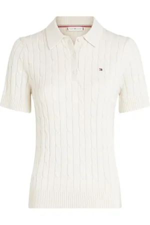 Tommy Hilfiger Tops, Dames, Wit, L, Katoen, Gevlochten Kabel Polo Sweater