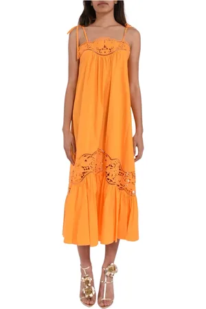 Twin-Set Kleedjes, Dames, Oranje, L, Katoen, Lange poplin sangallo jurk