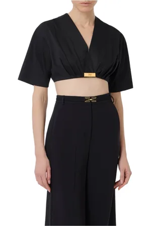 Elisabetta Franchi Blouses & Shirts, Dames, Zwart, XL, Katoen, Korte Zwarte Katoenen V-Hals Shirt