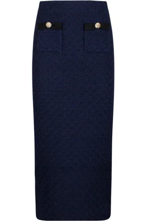 Self-Portrait Rokken, Dames, Blauw, M, Blauwe Gebreide Midi Rok met Gouden Knopen
