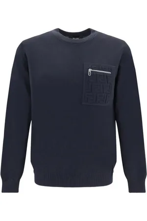 Fendi Truien, Heren, Blauw, M, Wol, Gestanst Logo Crew Neck Sweater
