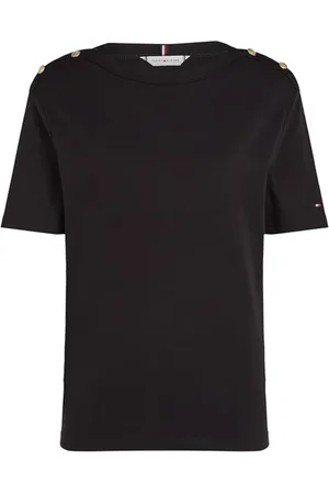 Tommy Hilfiger Tops, Dames, Zwart, XS, Katoen, Gestreept Gouden Knoop T-Shirt