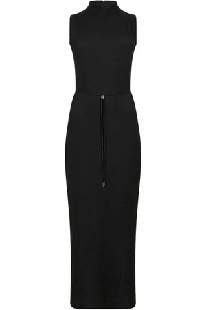 Calvin Klein Kleedjes, Dames, Zwart, M, Polyester, Zwarte Lange Jurk met Koordtaille