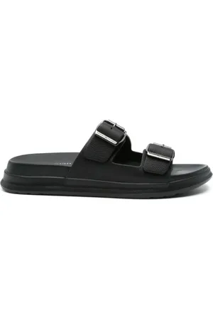 Tommy Hilfiger Schoenen, Heren, Zwart, 43 EU, Zwarte Leren Dubbele Strap Sandalen