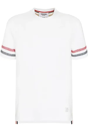 Thom Browne Tops, Heren, Wit, L, Katoen, Gestreept Gebreid T-shirt met Tricolour Detail