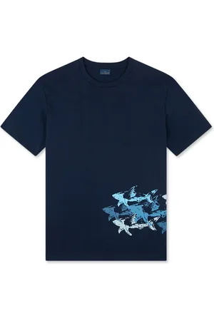 Paul & Shark Tops, Heren, Blauw, M, Katoen, T-shirt met verontruste haaienprint