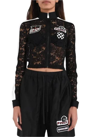 Pinko Jassen, Dames, Zwart, L, Katoen, Bloemen kanten jasje met geborduurde patches