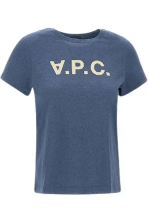 A.P.C. Tops, Dames, Blauw, S, Blauw Logo T-shirt Ronde Hals