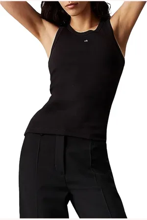 Calvin Klein Tops, Dames, Zwart, XS, Katoen, Grafische Slimme Rib Tank Top