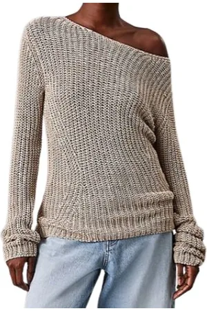 Calvin Klein Truien, Dames, Grijs, M, Gestructureerde Boothals Trui