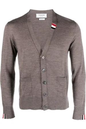 Thom Browne Truien, Heren, Bruin, 2Xl, Wol, Bruine Cardigan Jersey Stitch V-Hals Sweater