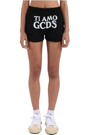 GCDS Korte broeken, Dames, Zwart, L, Katoen, Katoenen Elastische Taille Shorts met Liefdesprint