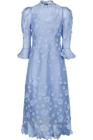 ZIMMERMANN Kleedjes, Dames, Blauw, M, Bloemen Midi Jurk met Ruches