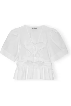 Ganni Blouses & Shirts, Dames, Wit, S, Katoen, Witte Katoenen Strikband Blouse