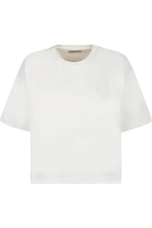 Autry Tops, Dames, Wit, XS, Katoen, Crème Cropped T-shirt met Logo In reliëf