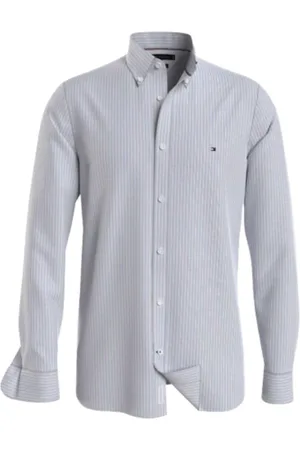 Tommy Hilfiger Overhemden, Heren, Grijs, L, Wol, Wolkenachtig Blauw Gestreept Overhemd