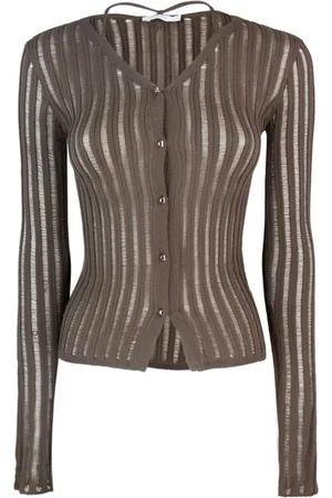 Patrizia Pepe Truien, Dames, Bruin, S, Bruine Ribgebreide V-hals Polo