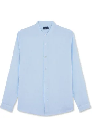Paul & Shark Overhemden, Heren, Blauw, S, Linnen, Linnen Shirt met Mandarin Kraag J-Fit