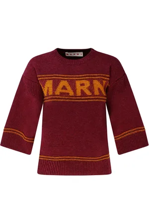 Marni Truien, Dames, Bruin, S, Wol, Intarsia Logo Sweater in Ruby Red