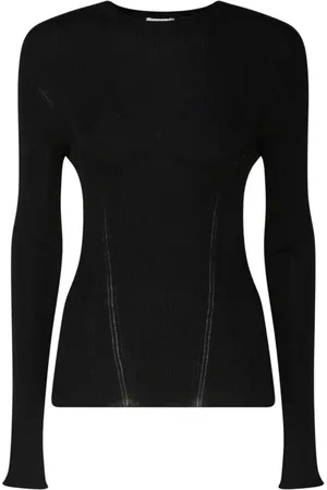 Lanvin Truien, Dames, Zwart, L, Kasjmier, Zwarte Kasjmier Ribgebreide Top
