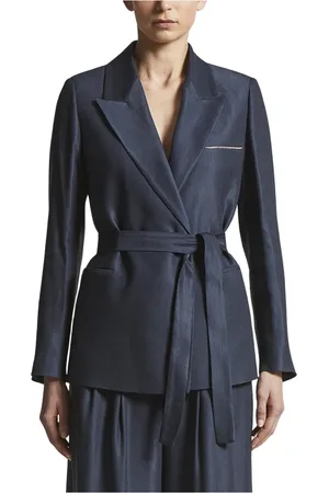 PESERICO SIGN Jassen, Dames, Blauw, 3Xs, Linnen, Glanzende gabardine ceintuurblazer