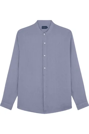 Paul & Shark Overhemden, Heren, Blauw, S, Linnen, Linnen overhemd met mandarijnkraag