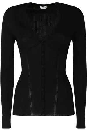 Lanvin Truien, Dames, Zwart, L, Zwart Zijden Geribbelde V-hals Vest